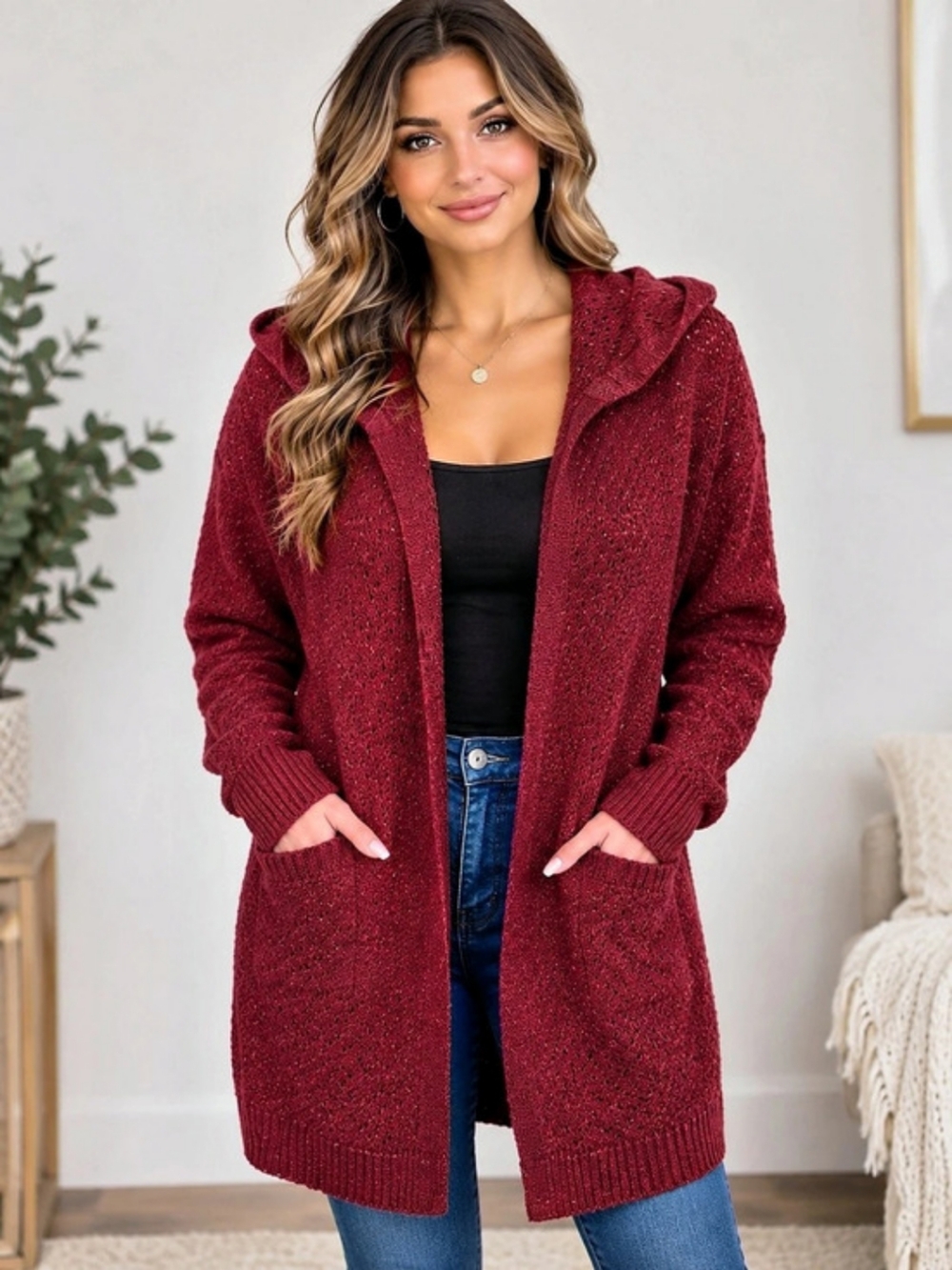 Rewind Women’s Burgundy Knit Hooded Cardigan Sweater Sz L